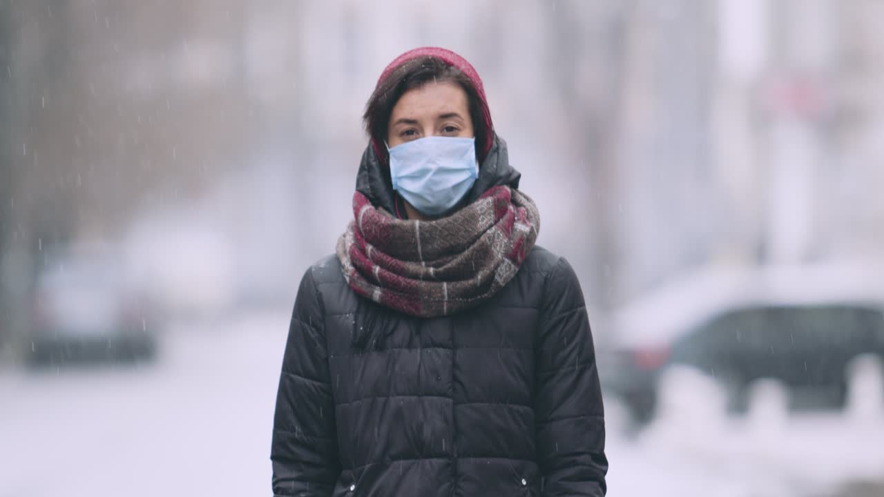 Woman Wearing Mask in Snowy City