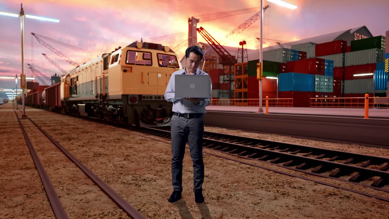 Full Body Of An Asian Male Professional Worker Standing With His Laptop With Freight Cargo Train At Port, He Is Nodding His Head With Dissapionted