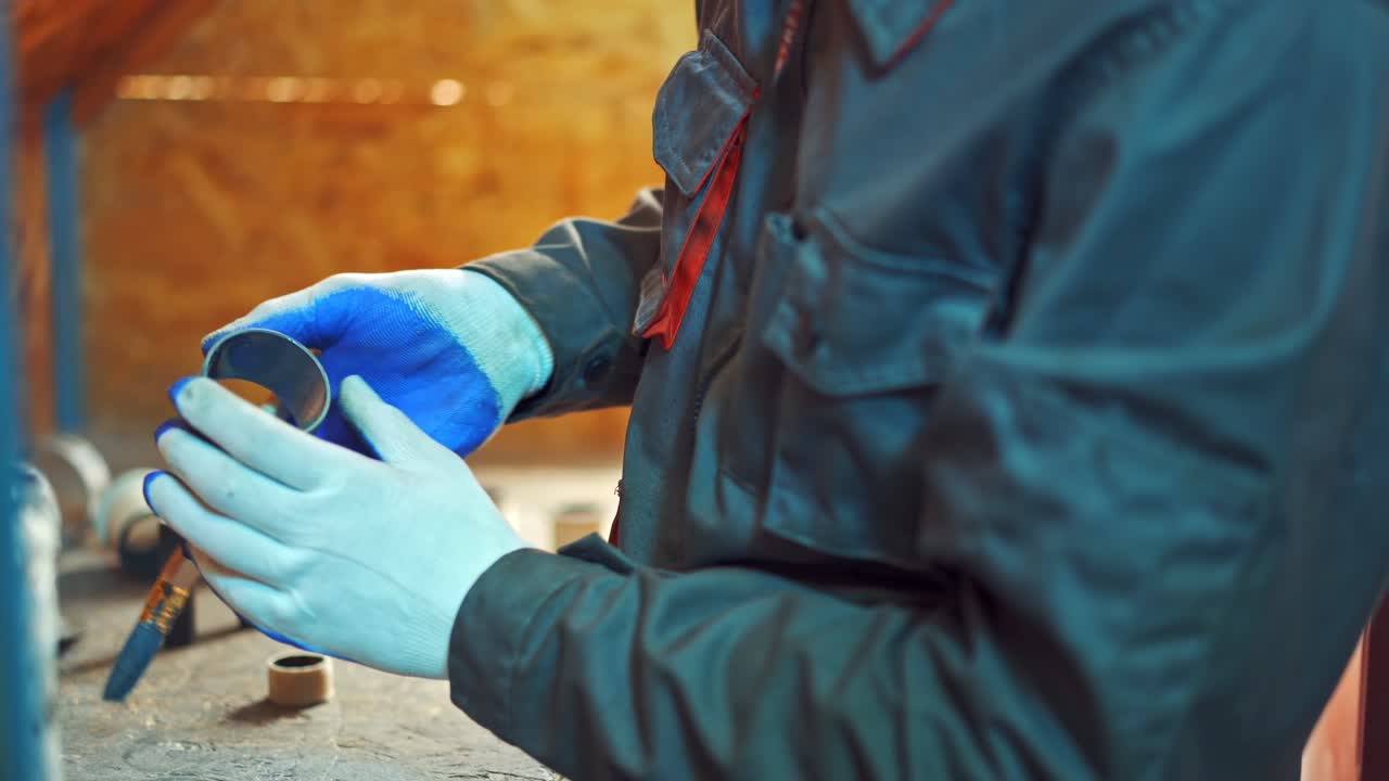 Male worker uses a brush to paint a circle tool for a special section of a machine. Man in working clothes paints in blue color details in the manufacturing hall. Close-up