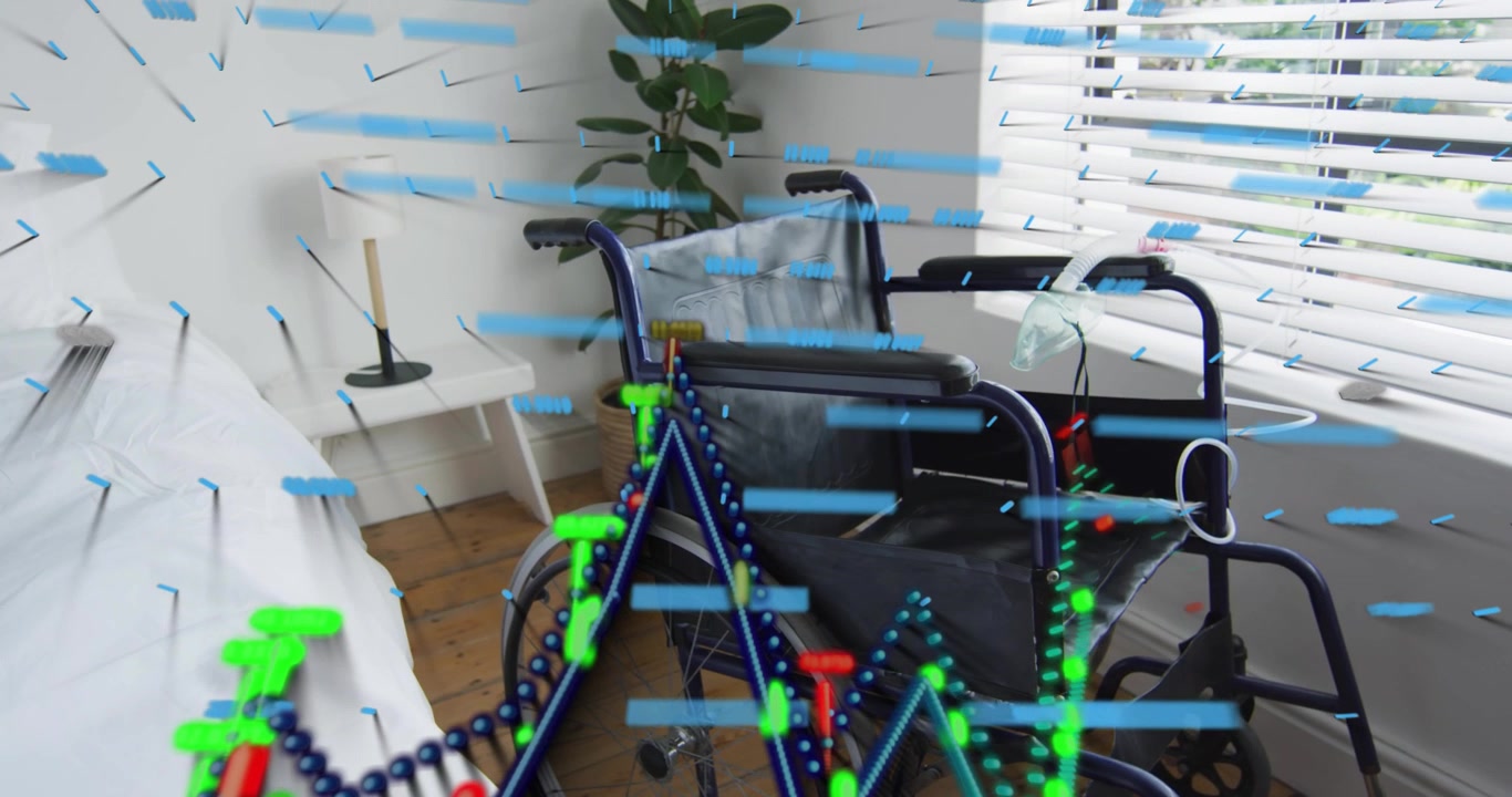 Barras de escaneo azules barriendo la vista, superpuestas a una silla de ruedas y una cama, con nodos verdes mapeando el espacio.