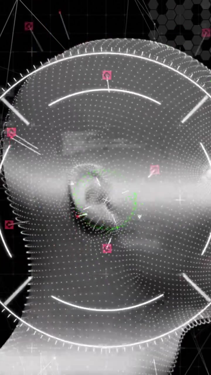 Digitalt hovedscan af menneske med biometrisk ansigtsgenkendelse og glitch-effekt