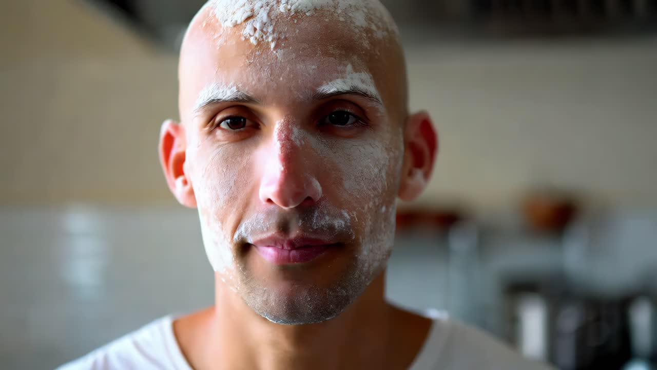 hombre con harina en la cara en la cocina