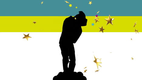 silhouette of person holding hat over falling golden stars animation
