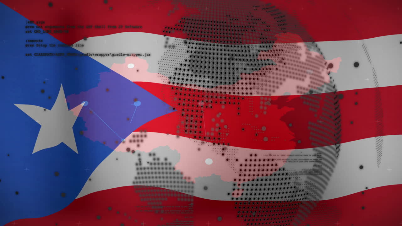 푸에르토리코 발과 글로벌 네트워크 애니메이션 및 코딩 텍스트 오버레이