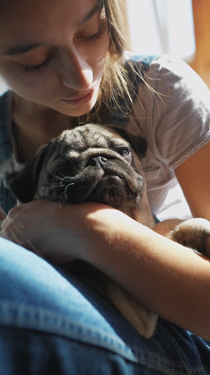 una chica acurrucando a un cachorro de pug
