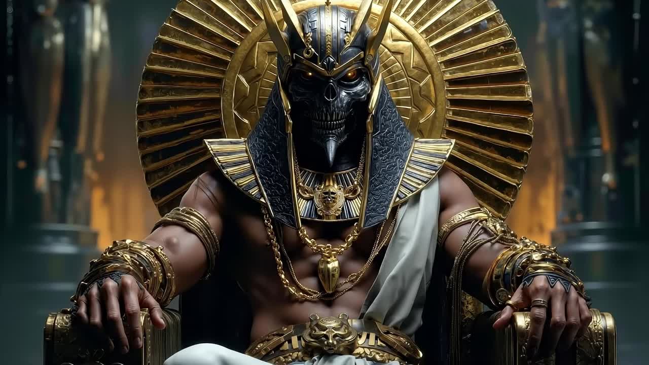 A man sitting on a throne with a mask on his head