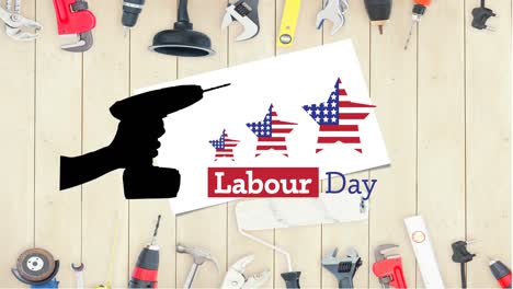 animation of labor day text with stars and tools with american flag