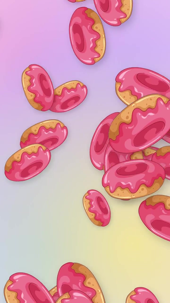 Yumuşak pastel örgü gradyanın içinden düşen resimli pembe buzlu çöreklerin dikey animasyonu