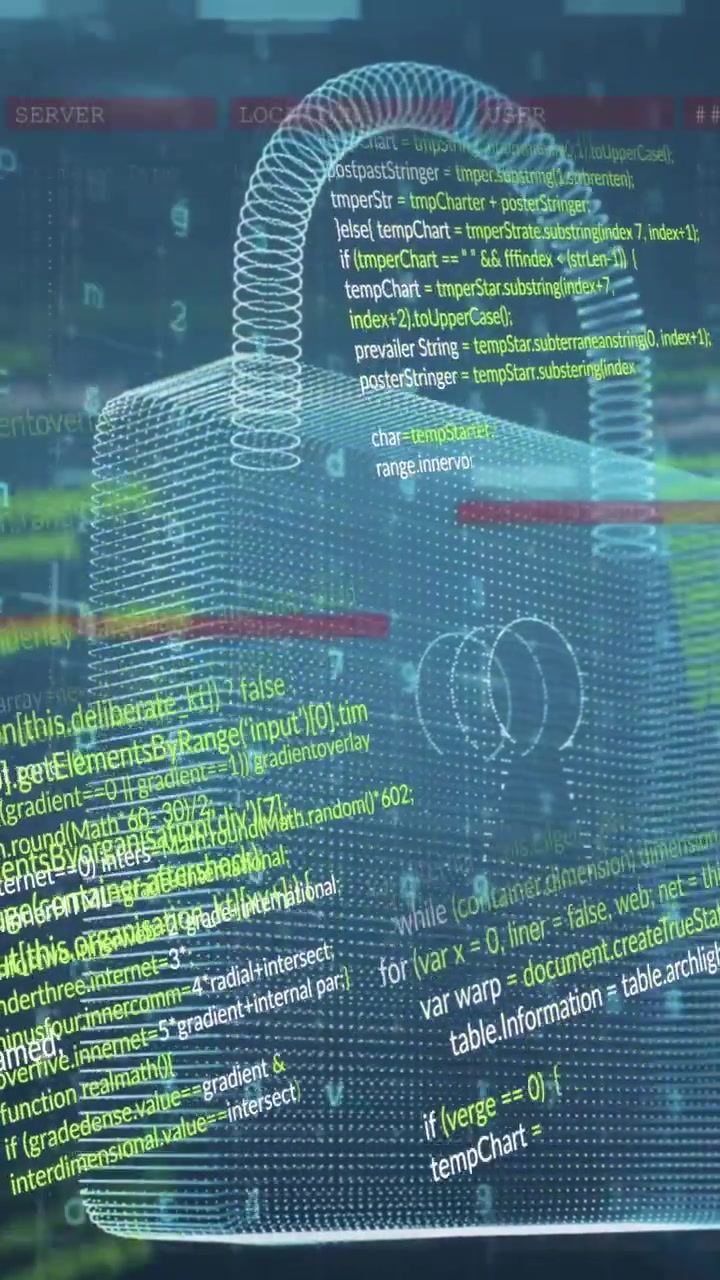 Animation of padlock and digital data processing over computer servers