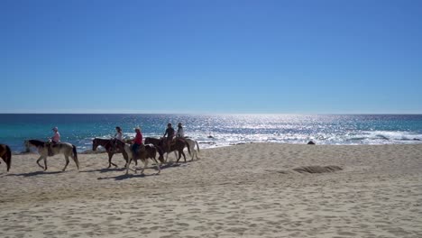 six people riding horses on the beach mid day, sunny, with blue sky