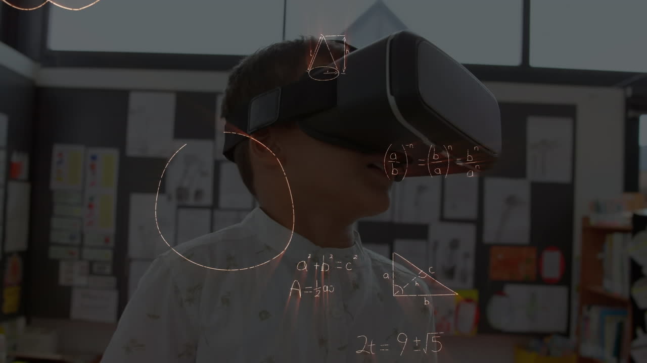 Animation of mathematical formulas over schoolboy using vr headset