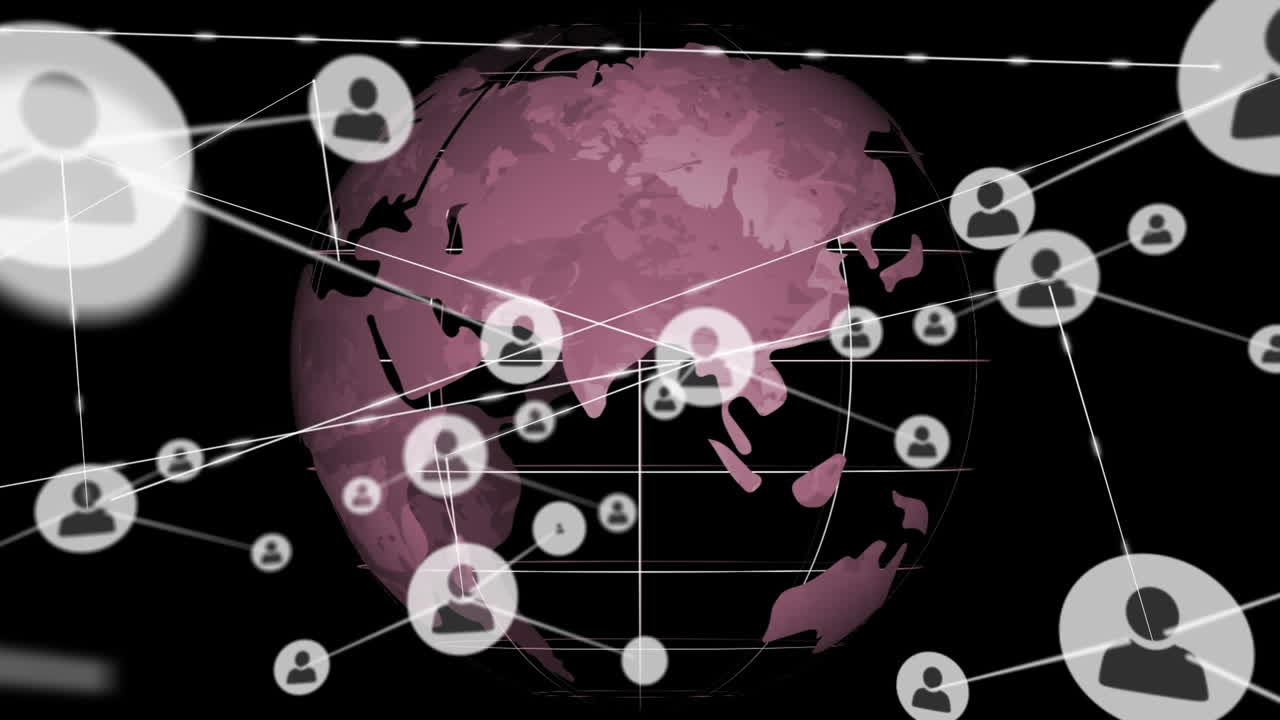 검은색 배경에 아이콘과 글로브로 연결된 네트워크의 애니메이션