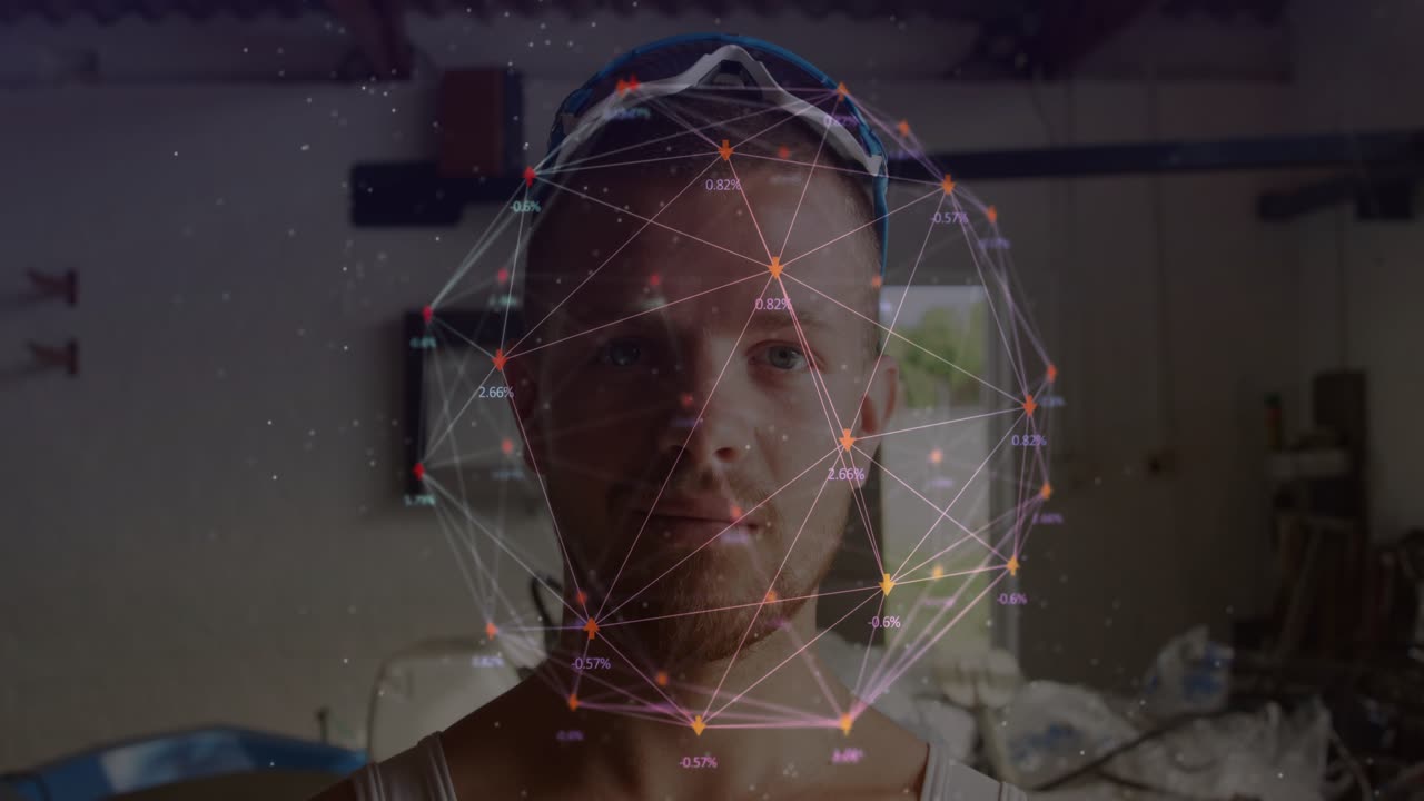 Man activating head strap, watching AR nodes and percentages converging around eyes for tech demo