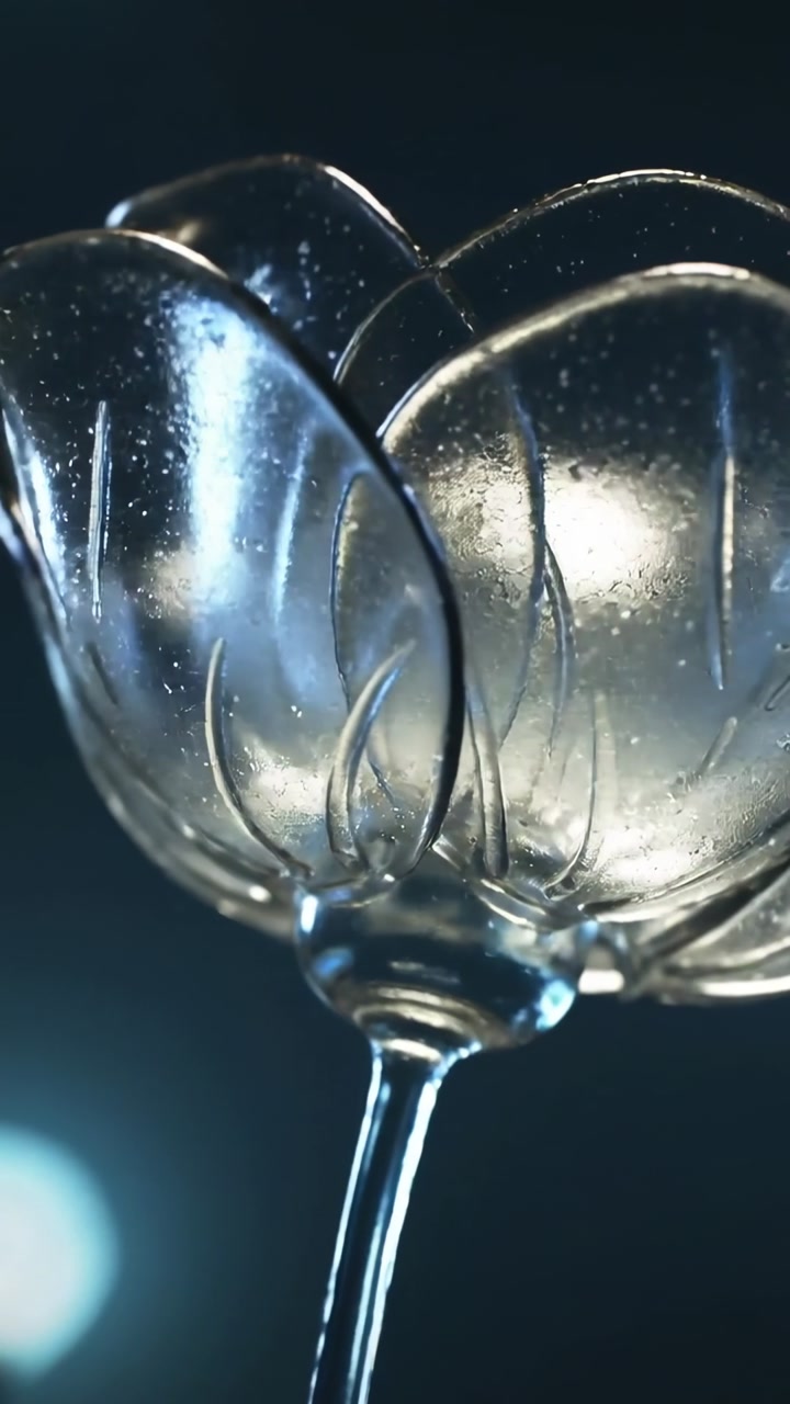 Vertical video: Tilting camera revealing glass flower bowl in dark studio, exposing etched veins