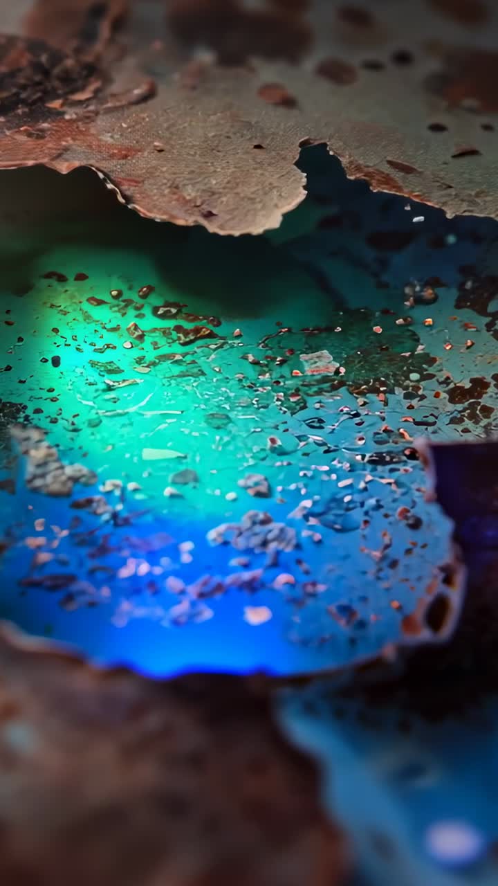 Vertical video: Camera sliding revealing flaky panel torn edge showing teal pool, metal specks