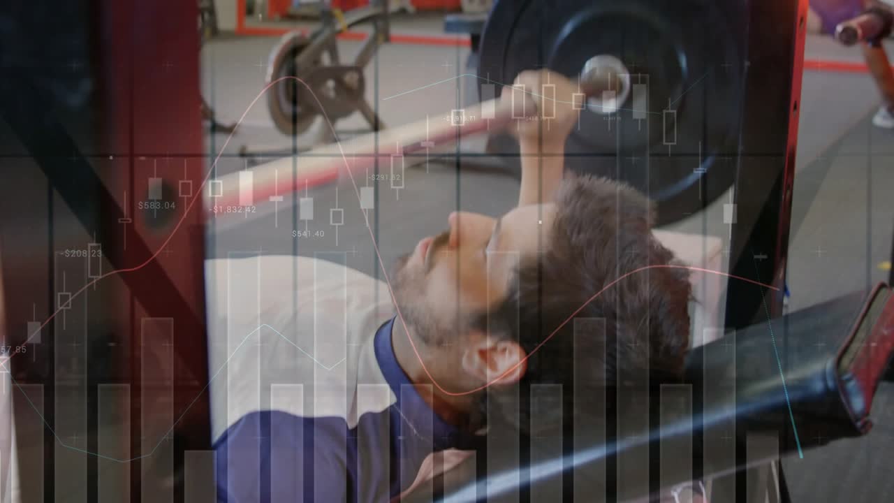 Man lying on gym bench grasping bar, repeating press for gains while charts animating tracking reps