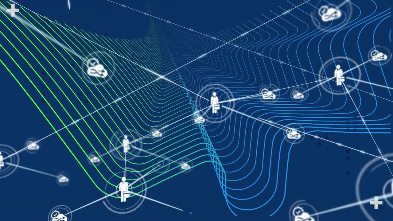 Animation of cloud and man with suitcase icons connecting with lines over multicolor wave pattern