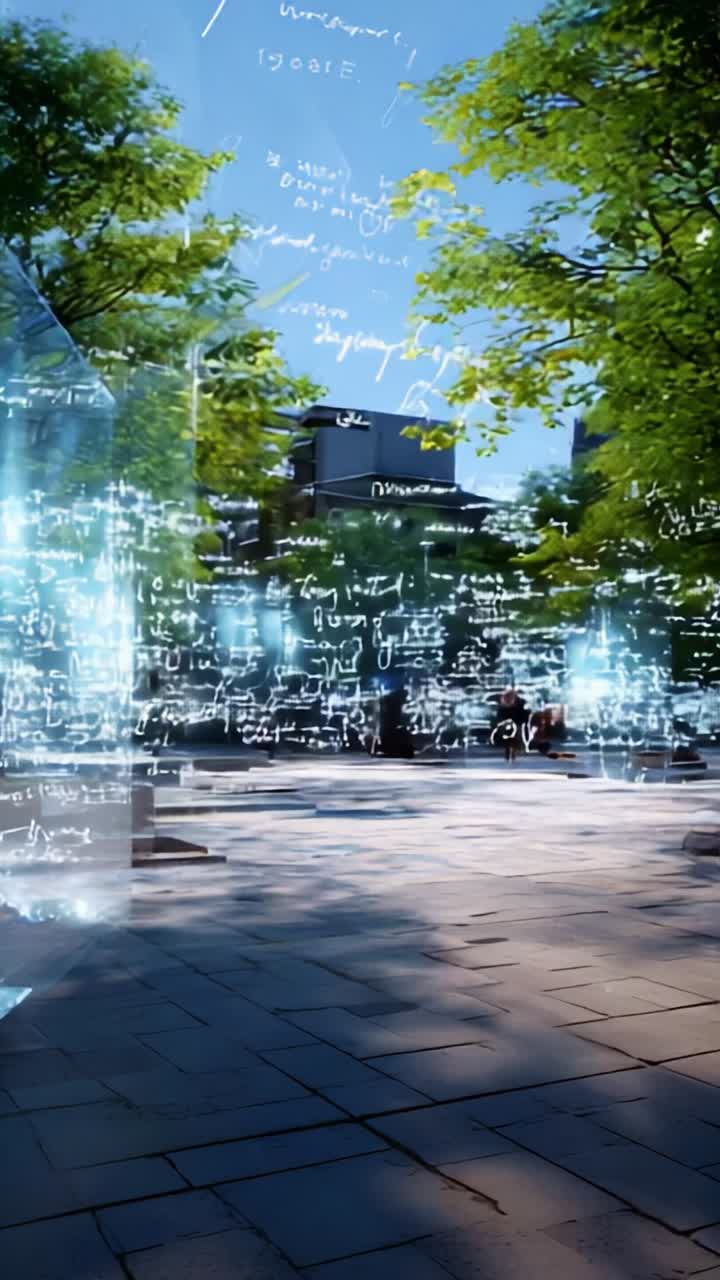 A tranquil urban park scene showcasing illuminated mathematical equations and reflections in glass structures amidst vibrant trees and clear blue skies