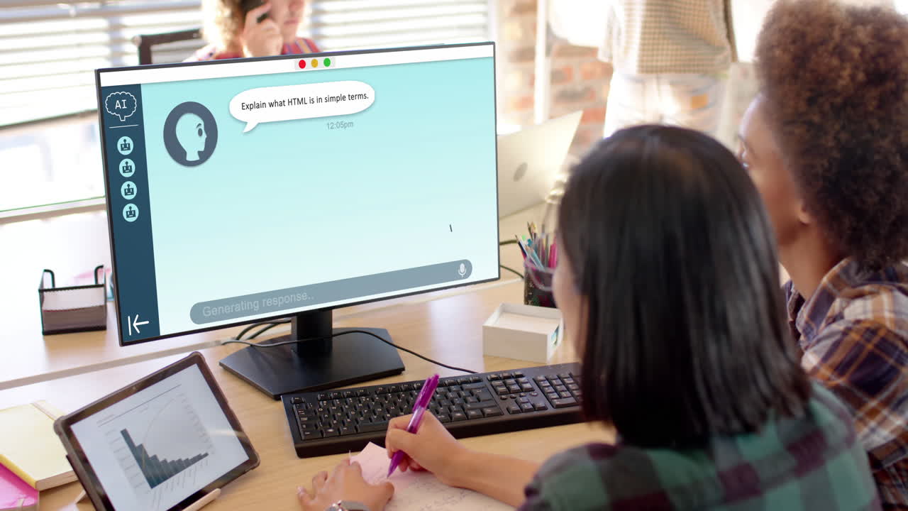 composición de mujeres diversas que usan computadora con un chat en la pantalla