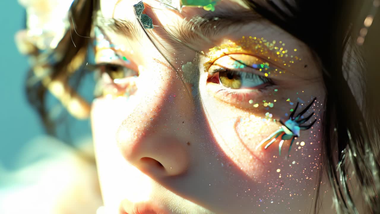 Close up portrait showcasing a young woman adorned with creative glitter makeup, sparkling crystal decorations, and dramatic fake eyelashes, basking in the warm sunlight