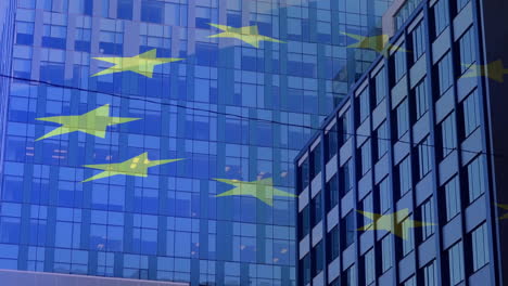 animation of flag of european union over high rise buildings in modern city