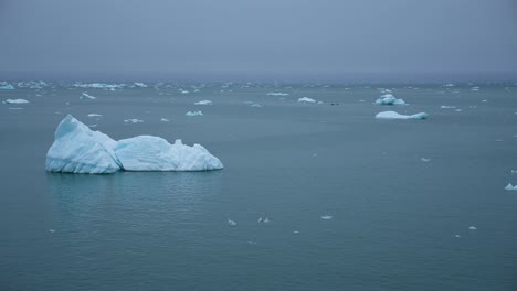 sailing by icebergs and pieces of ice in cold arctic sea on misty day