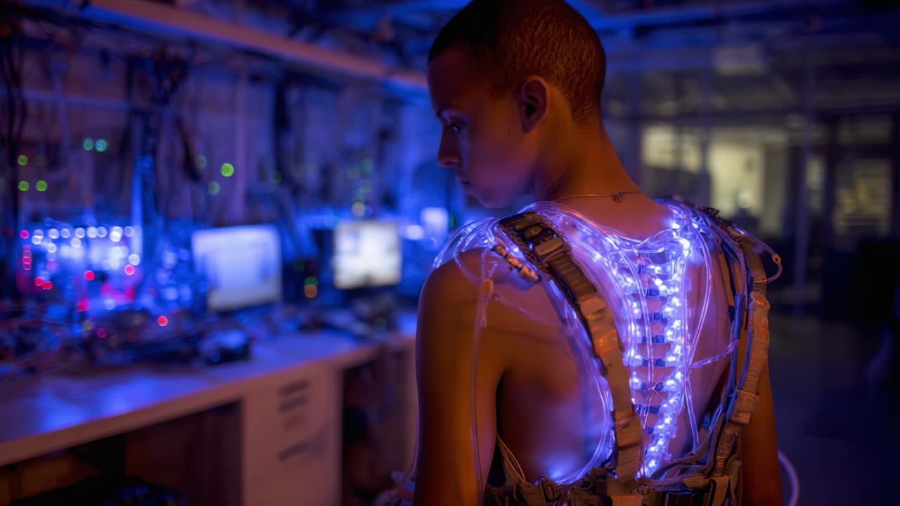 Un'esplorazione futuristica di tecnologia e integrazione umana: tecnologia indossabile illuminata in un ambiente di laboratorio cibernetico.