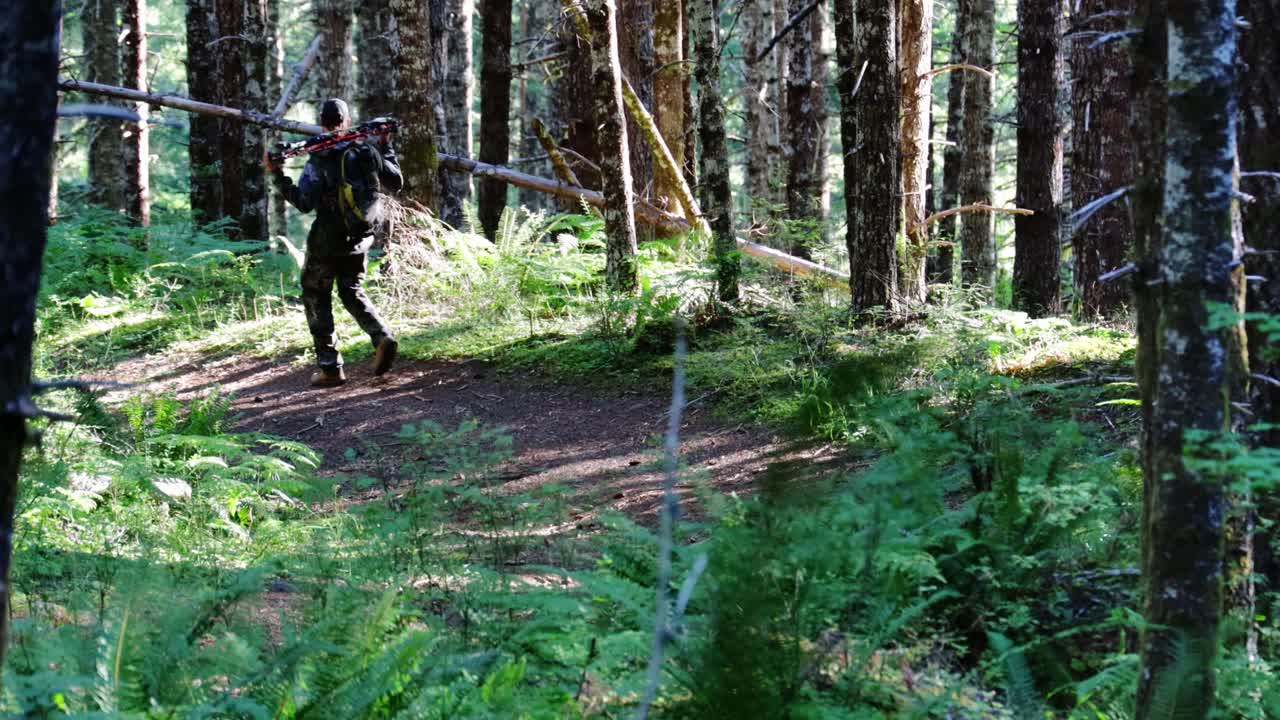 Man walking through forest with a bow while hunting
