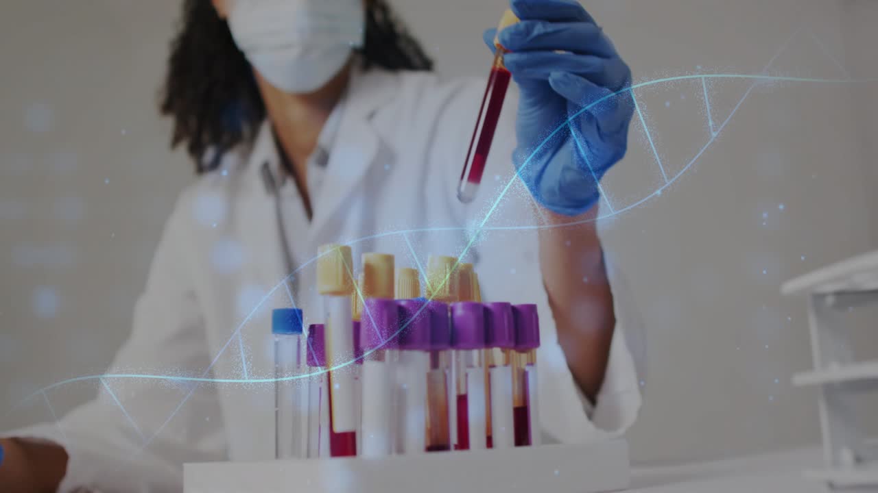 Lab tech reaching after DNA helix sweep, picking, lifting, rotating and holding tube for testing