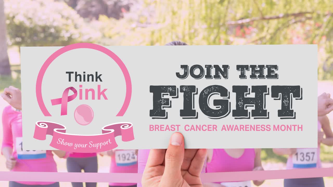animación del logotipo de la cinta rosa y el texto del cáncer de mama sobre un grupo de un grupo diverso de mujeres