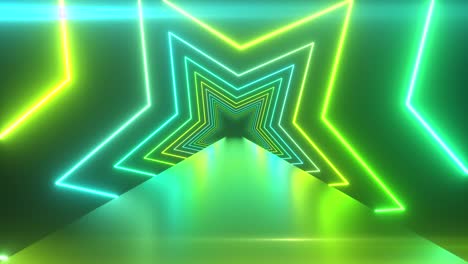 abstract digital background with rotating neon stars. modern green light spectrum. seamless loop 3d render.