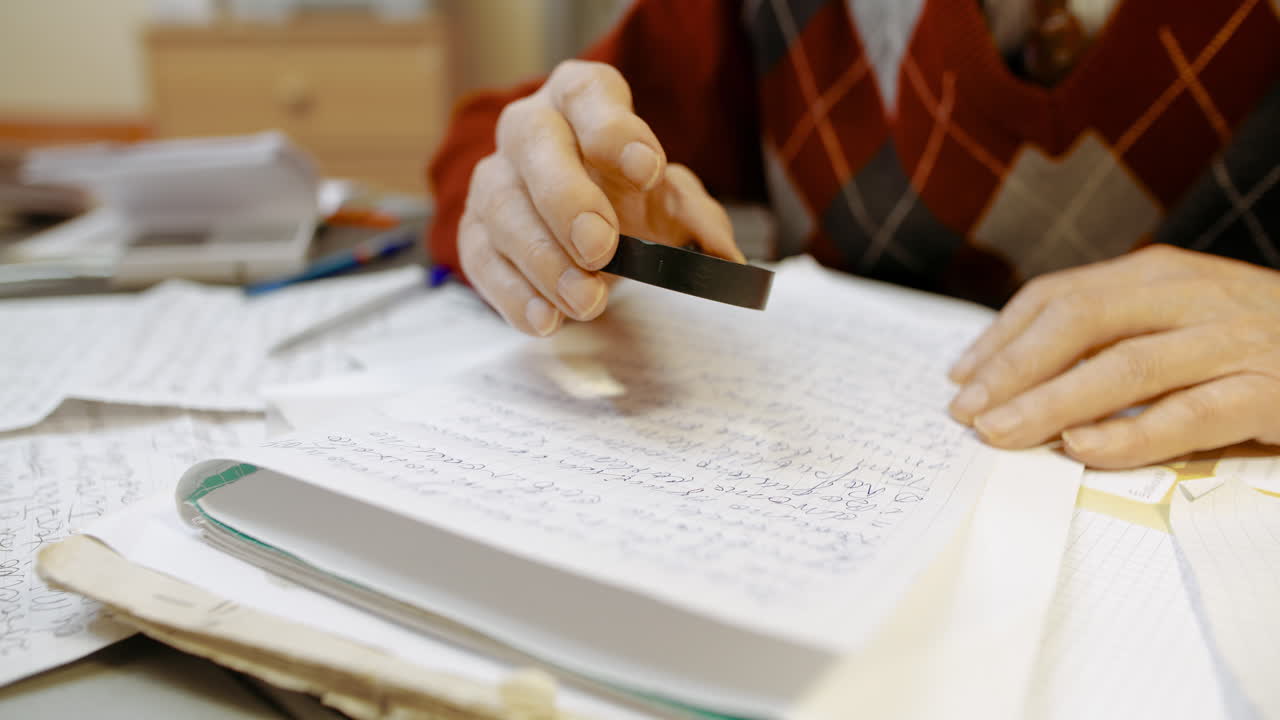 사무실 15의 테이블에서 종이에 쓰는 고위 사업가