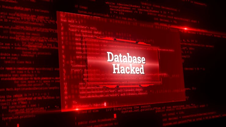 Online databrud, hacket, hacker nyhedsnetværk, DDoS, cyberkriminalitet, digital baggrund, kraniesymbol over.