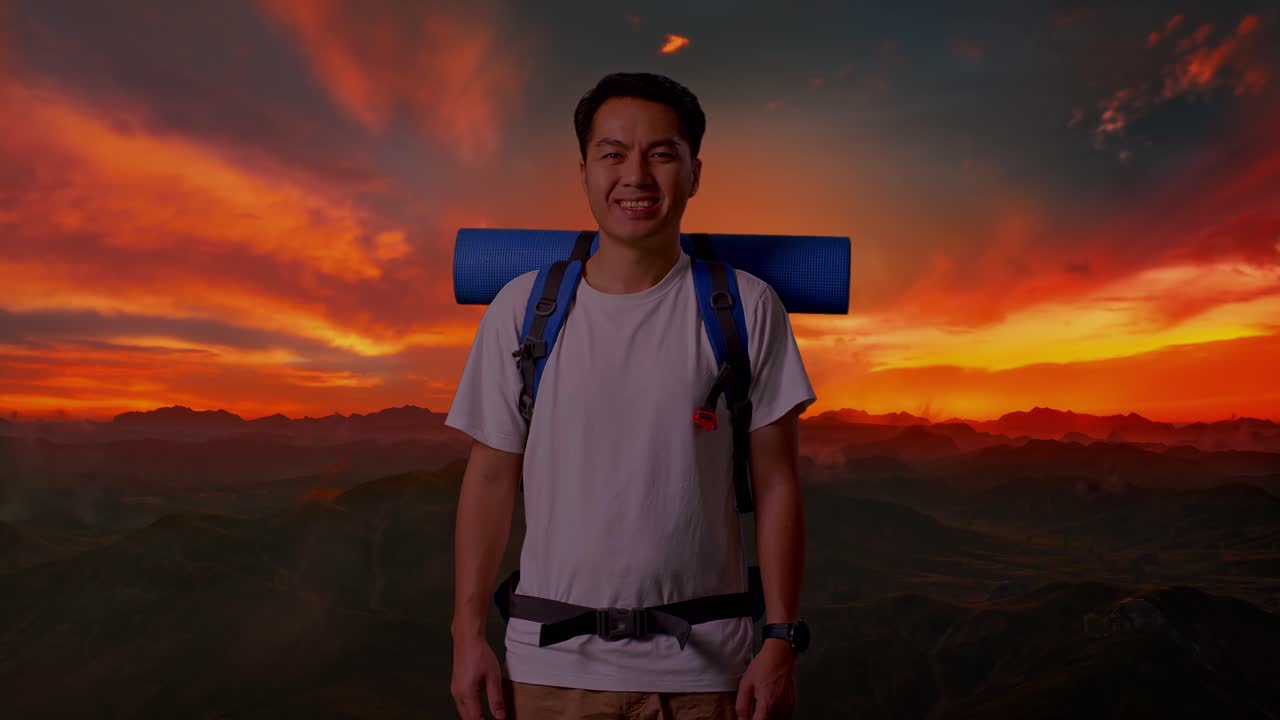 un excursionista sonriente al amanecer