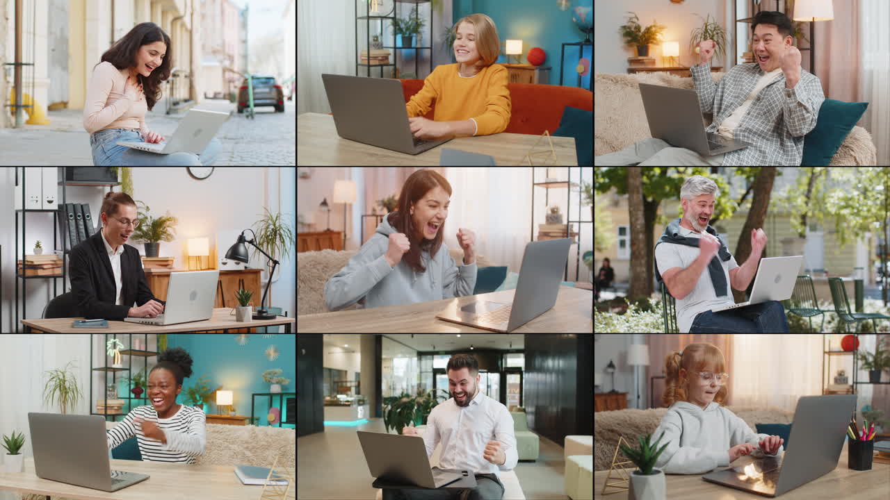 Collage of excited happy people men women using laptop celebrating win victory good news play game