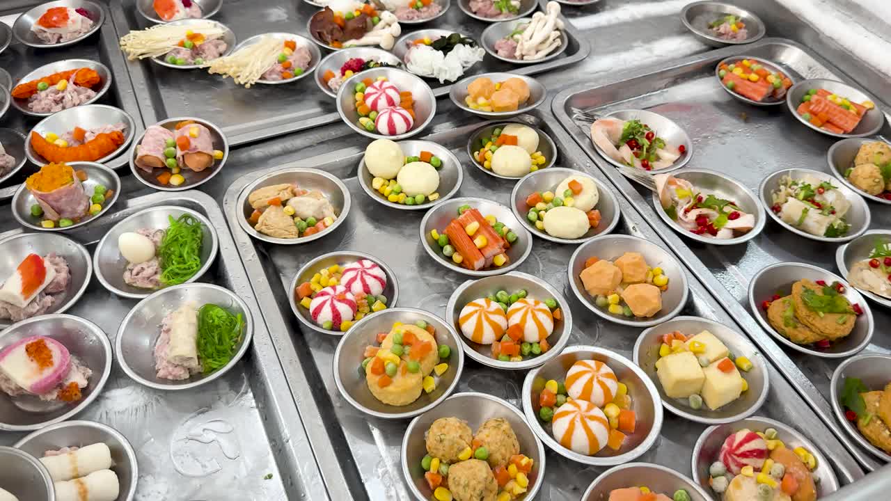 Colorful dim sum dishes arranged on metal trays under bright lights, camera slowly panning