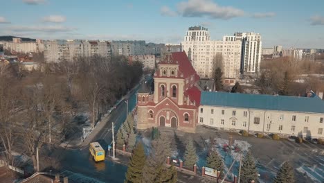 aerial view of a church in a city