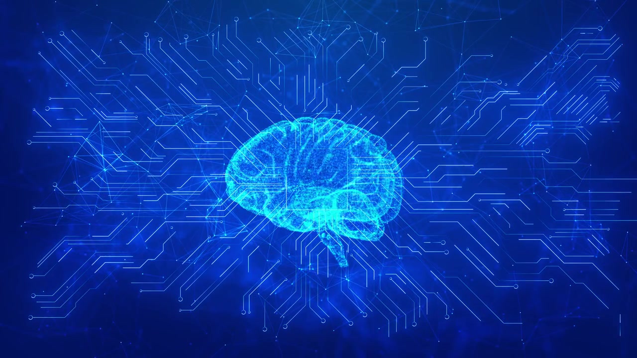 Neural circuit ai mind visual with bright blue brain glowing electronic paths data nodes and deep