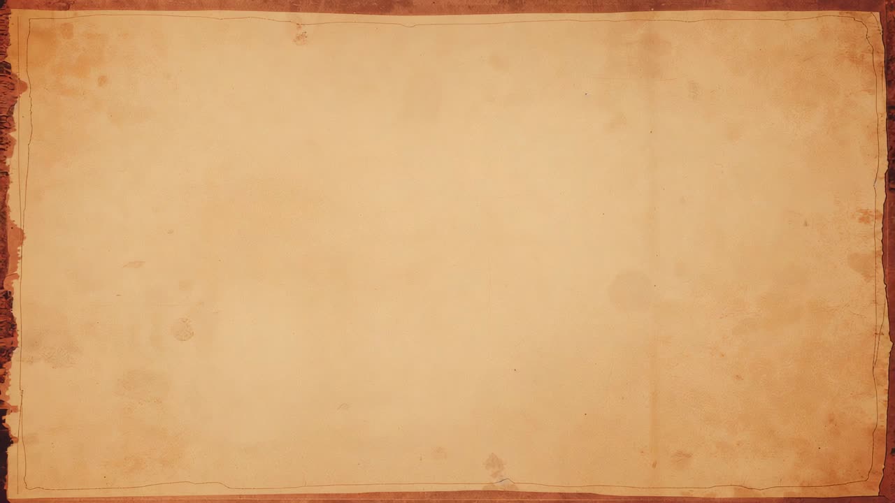 Mostra un foglio di pergamena invecchiata mentre le inquadrature avanzano in primo piano, rivelando macchie, bordo, dorso sinistro