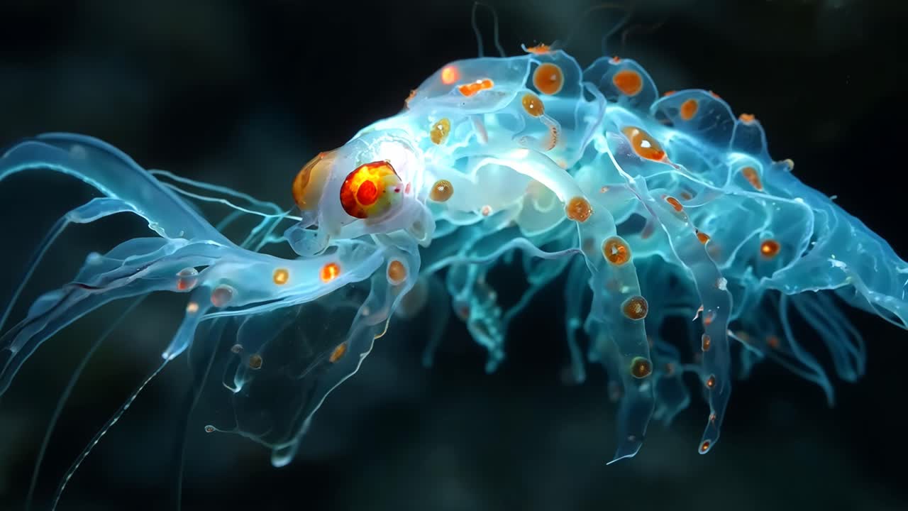 A jellyfish with orange spots and blue tentacles. The jellyfish is surrounded by water and he is floating