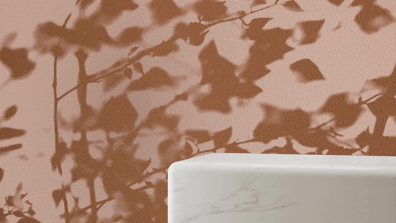 White marble pedestal with shadow of branches on a yellow background