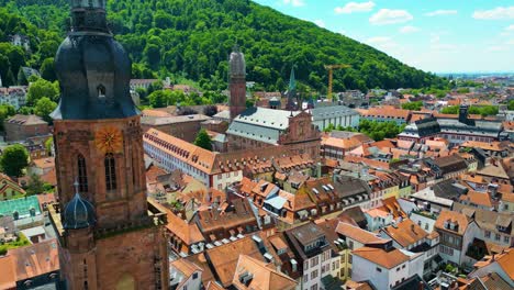 4k aerial drone video of the historic heiliggeistkirche and jesuitenkirche churches in heidelberg, germany