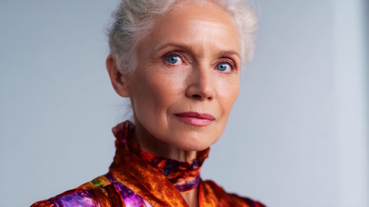 Elegant Portrait of a Mature Woman with Silver Hair and Blue Eyes Wearing a Vibrant, Colorful Silk Scarf Highlighting Beauty and Confidence in a Studio Setting