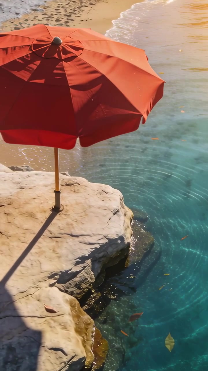 Video verticale: Telecamera che si sposta rivelando un ombrellone rosso con palo su una roccia, catturando increspature illuminate dal sole.