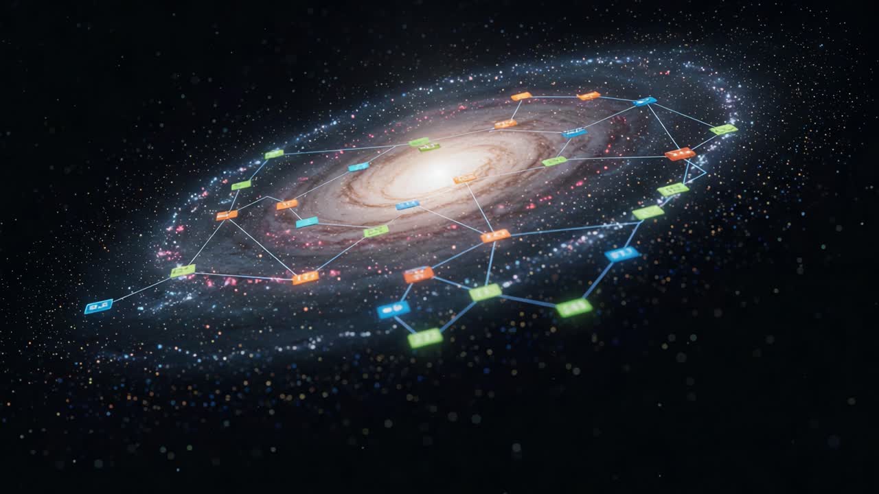 A Stunning Visualization of a Spiral Galaxy with Networked Nodes Representing Cosmic Connections and Data Pathways in the Universe