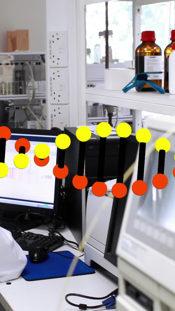 animación de una cadena de adn girando sobre un científico masculino usando una computadora