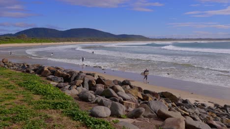 surfers walking away from the ocean after surfing - summer day at the beach in crescent head in new south wales - wide shot