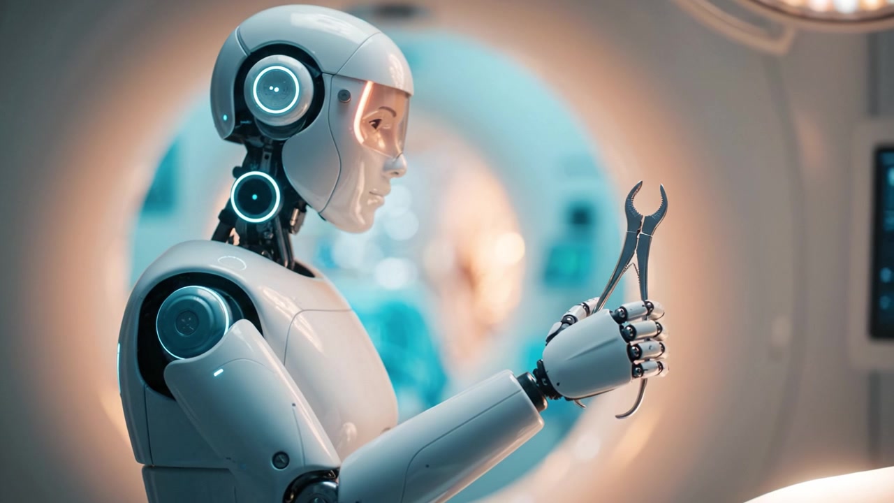 Advanced robot holding tools in a futuristic laboratory, showcasing intricate machinery and technology in a cutting-edge environment of innovation and design.