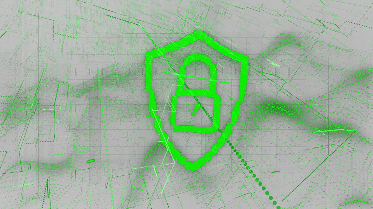 Animation of green digital lock and shield on abstract network background