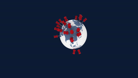 animation of red location pins on globe over blue background